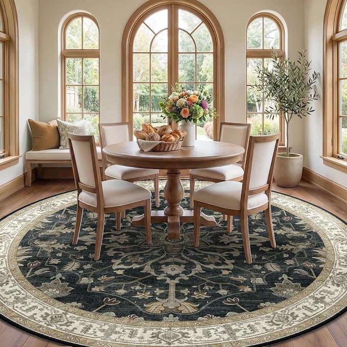 RELEANY Area Rugs Round 8ft Washable Non-Slip, Floral Vintage Distress Print - Image 2
