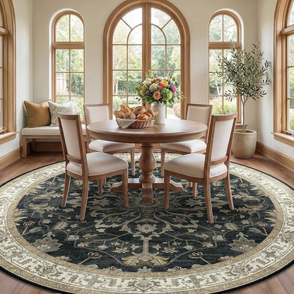RELEANY Area Rugs Round 8ft Washable Non-Slip, Floral Vintage Distress Print - Image 2