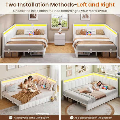 DICTAC Corner Bed Frame with 2 Storage Drawers and Charging Station Full Size - Image 9