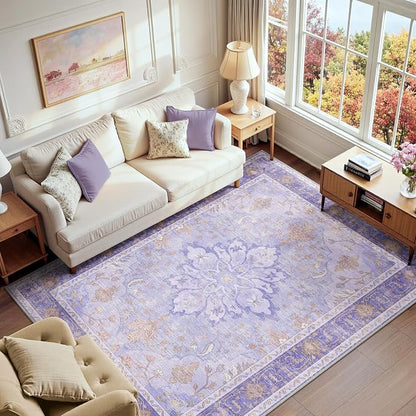 RELEANY Area Rugs 6'x9' Washable Non-Slip, Floral Vintage Distress Print by RELEANY
