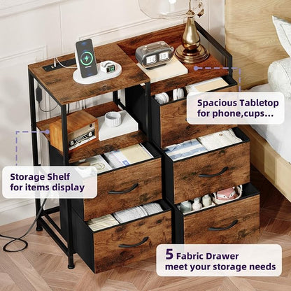 Somdot Nightstand with Charging Station and LED Light, Wide 5 Drawers Dresser - Image 6