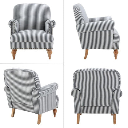 Blue Striped Linen Fabric Accent Chairs Set of 2, Coastal Upholstered Armchairs - Image 9