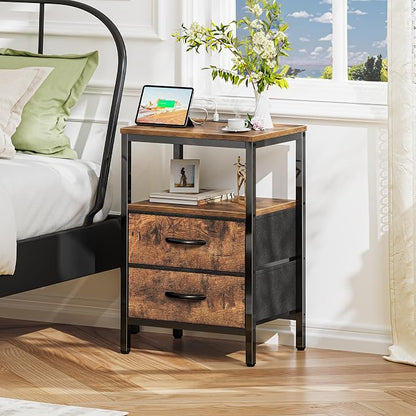 Huuger Nightstand with Charging Station, Fabric Drawers, End Table with Open - Image 2