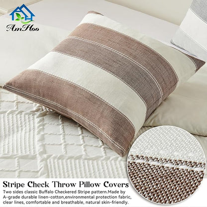 AmHoo Pack of 2 Farmhouse Stripe Check Throw Pillow Covers Set Case Cotton - Image 3
