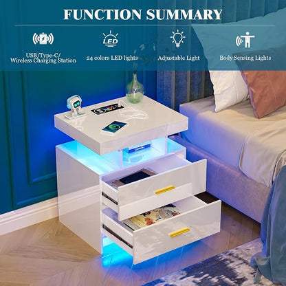 WOOVIVS Night Stand with Light, High Gloss Nightstand with USB/Wireless - Image 7