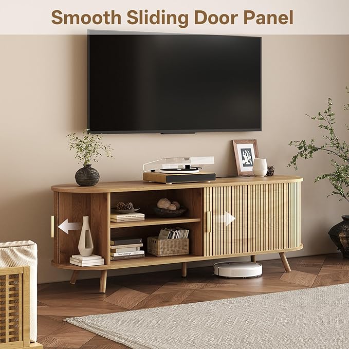 63 inch TV Stand with Power Outlet, Fluted Entertainment Center - Image 3