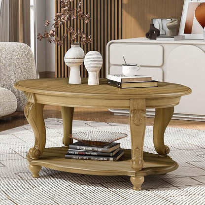 Oval Wood Coffee Table for Living Room, 2-Tier Solid Wood Coffee Table - Image 2