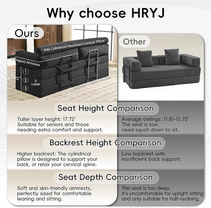 60" Boneless Couch, 5-in-1 Convertible Sofa Bed Tri Folding Mattress - Image 5