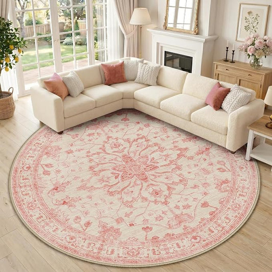 RELEANY Area Rugs Round 10ft Washable Non-Slip, Floral Vintage Distress Print by RELEANY
