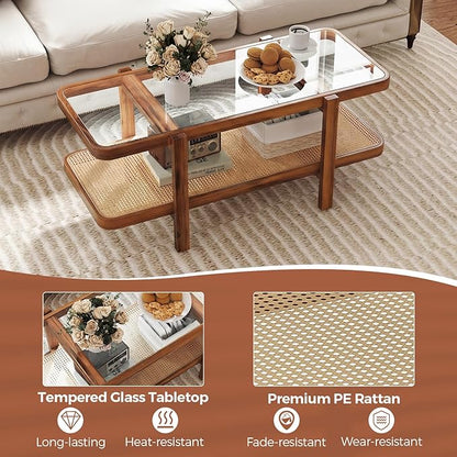 Giantex Rattan Coffee Table, 47.5" Rectangle Solid Wood Tea Table w/Tempered - Image 5