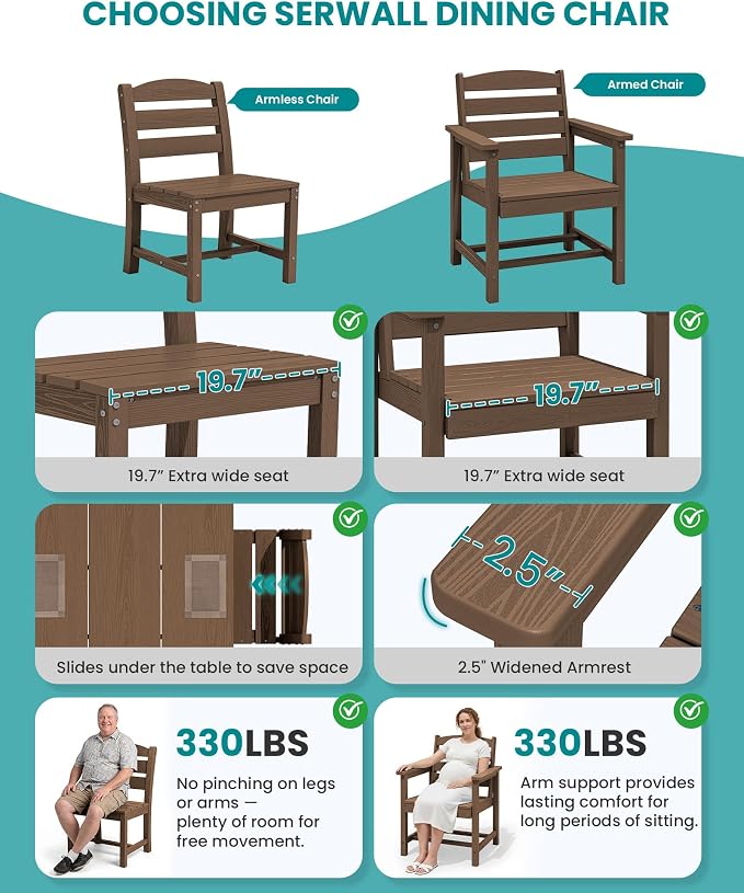 SERWALL HDPE Dining Set for 6: 1 Umbrella Hole Table, 4 Armless + 2 Armchairs. - Image 7