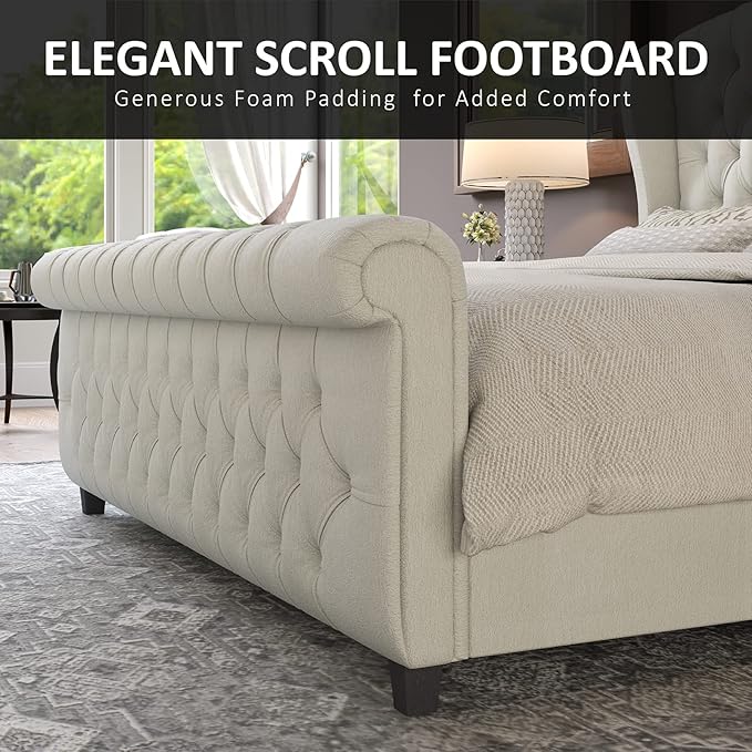 AMERLIFE Queen Size Platform Bed Frame, Chenille Upholstered Sleigh Bed - Image 6