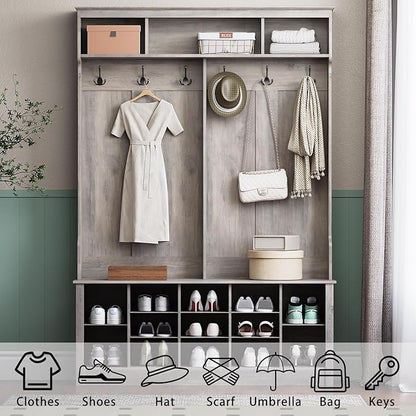 Wodeer Hall Tree with Bench and Shoe Storage, 6 Hooks, 12 Shoe Cubbies - Image 3