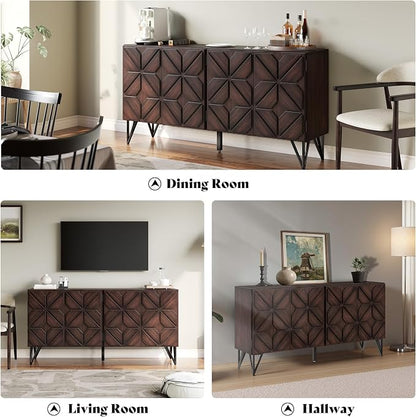 AMERLIFE 63” Solid Acacia Wood Sideboard Buffet Cabinet, Hand-Carved Geometric - Image 7