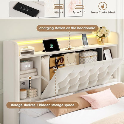 Full Bed Frame with Drawers, Hidden-Cubby & Shelves Storage Headboard with - Image 4