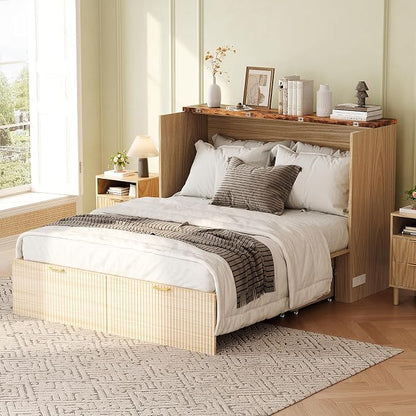 VINGLI Full Murphy Bed with Storage Drawer, 2 Charging Station, Fluted Wooden - Image 9