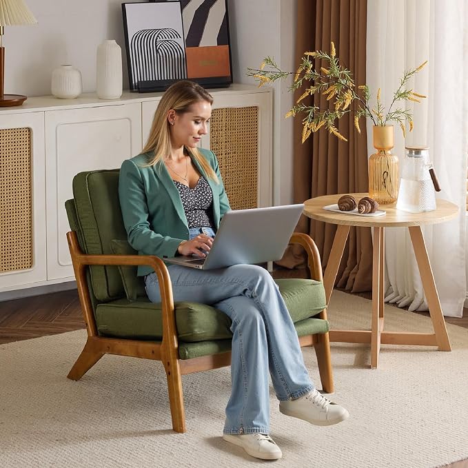 Bonnlo Dark Green Linen Mid Century Modern Accent Chair, Soild Wood Padding - Image 4