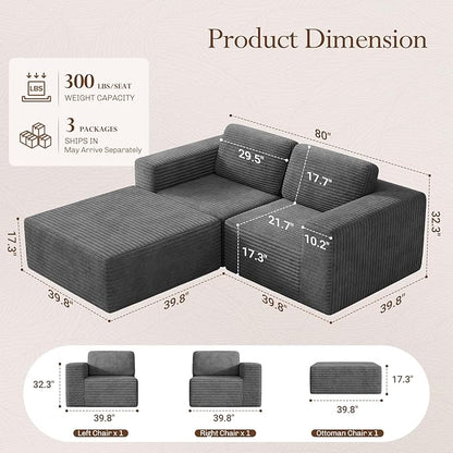 Vesgantti 80" Modular Sectional Sofa, Corduroy Cloud Couch - Image 2