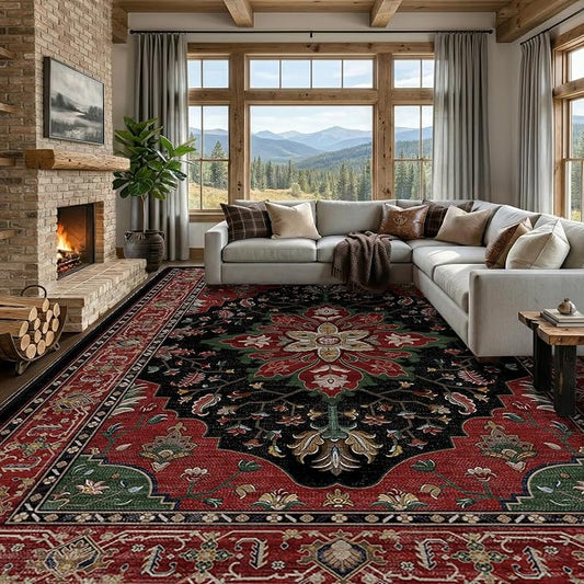 RELEANY Area Rugs 9'x12' Washable Non-Slip, Floral Vintage Distress Print by RELEANY