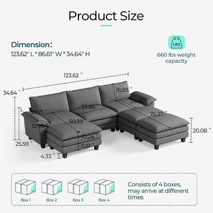 LINSY HOME 123" Modular Sectional Sofa, 3-Seat Corduroy Modern Cloud Couch - Image 2