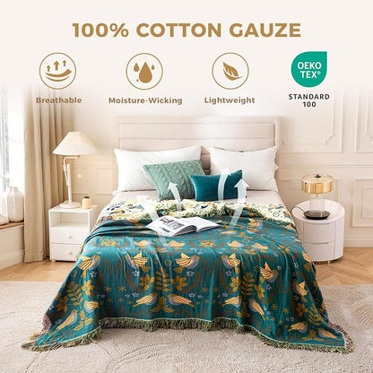 LUTBM Boho Throw Blanket for Couch 100% Cotton Soft Birds and Floral Double - Image 4