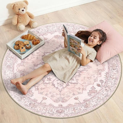 RELEANY Area Rugs Round 4ft Washable Non-Slip, Floral Vintage Distress Print by RELEANY