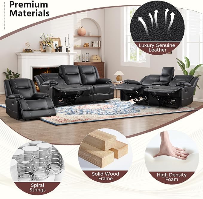 ANJ Geniune Leather Manual Loveseat Recliner Sofa Set of 2 - Image 8