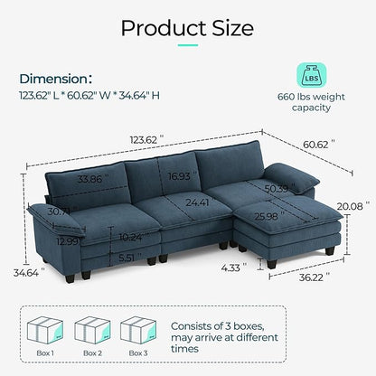 LINSY HOME 123" Modular L-Shaped Sectional Sofa, 3-Seat Corduroy Modern Cloud - Image 2
