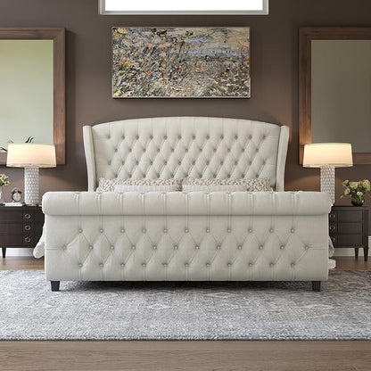 AMERLIFE Queen Size Platform Bed Frame, Chenille Upholstered Sleigh Bed - Image 3