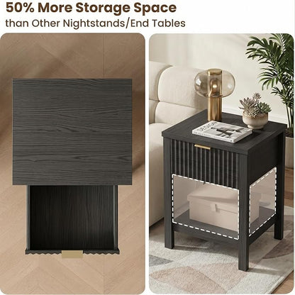 Fluted Night Stand with Golden Handle, Mid-Century Nightstands with Drawer - Image 4