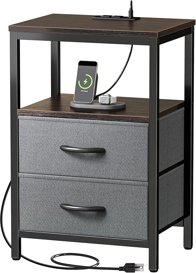 Huuger Nightstand with Charging Station, Fabric Drawers, End Table with Open by Huuger