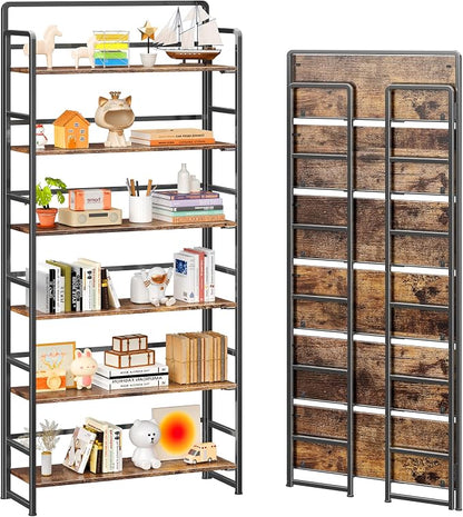 4NM No Assembly Extra Wide 6 Tiers Folding Bookshelf Storage Shelves Vintage by 4NM
