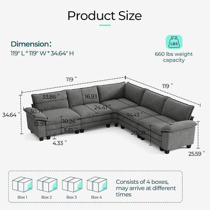 LINSY HOME Modular Sectional Sofa, 5-Seat Corduroy Modern Cloud Couch - Image 2
