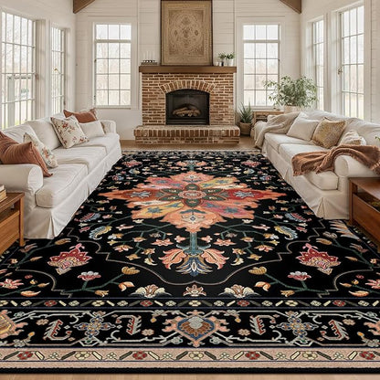 RELEANY Area Rugs 10'x12' Washable Non-Slip, Floral Vintage Distress Print by RELEANY