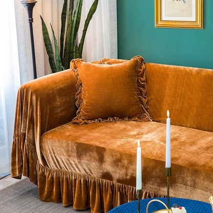 GLORY SEASON Velvet Sofa Cover Soft Decorative Luxurious Solid Exquisite Ruffle - Image 3