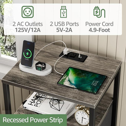 BOLUO Gray Nightstand with Charging Station, LED Night Stand with 2 Fabric - Image 4
