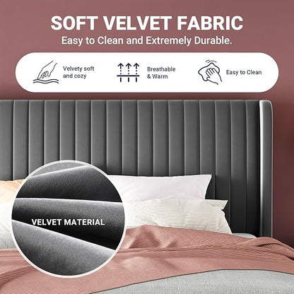 Allewie Full Size Velvet Bed Frame/Vertical Channel Tufted Wingback - Image 6