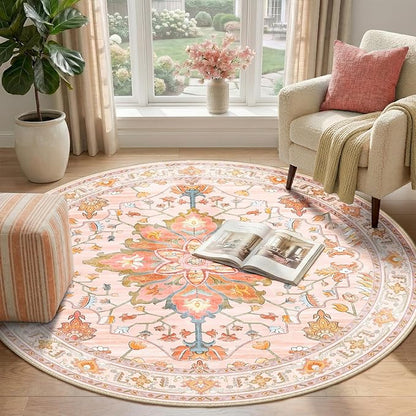 RELEANY Area Rugs Round 4ft Washable Non-Slip, Floral Vintage Distress Print - Image 2
