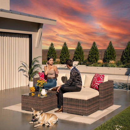 5-Piece Patio Sectional Sofa Set, All-Weather Brown PE Rattan Outdoor - Image 6