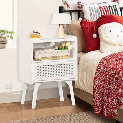 Lerliuo Rattan Nightstand with Charging Station, Side Table with Drawer Open - Image 6
