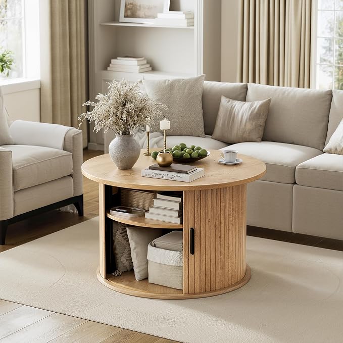 FABATO Round Lift Top Coffee Table, Fluted Wood Accent Coffee Table - Image 3