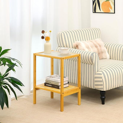 2-Tier Bamboo Side Table, Modern Glasstop Rattan Side Table, Mid Century Wood - Image 5