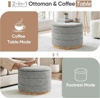 Round Storage Ottoman with Tray Lid, Folding Chenille Fabric Footrest with - Image 5