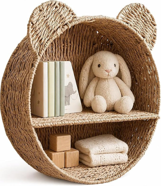 Woven Wall Basket Shelf Bear Nursery Decor — Boho Handwoven Hanging Wall Decor by Rattanzenith