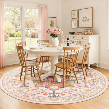 RELEANY Area Rugs Round 8ft Washable Non-Slip, Floral Vintage Distress Print - Image 2