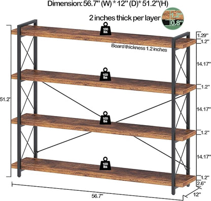 HCHQHS Large Bookshelf, 4-Tier Long Industrial Bookcase, Rustic Brown Book Shelf - Image 3