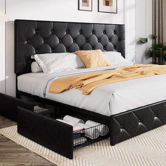 Allewie King Size Black Metal Faux Leather Platform Bed Frame by Allewie