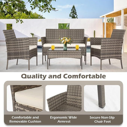 FDW | 4-Piece Patio Furniture Set | Gray & Khakhi | Outdoor Wicker Furniture - Image 6