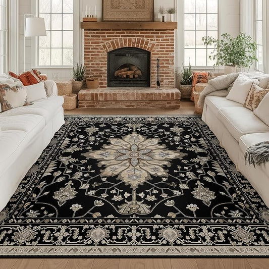 RELEANY Area Rugs Square 8ft Washable Non-Slip, Floral Vintage Distress Print by RELEANY