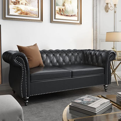 3 Piece Living Room Set, Chesterfield Leather Sofa Loveseat Couch Chair - Image 5